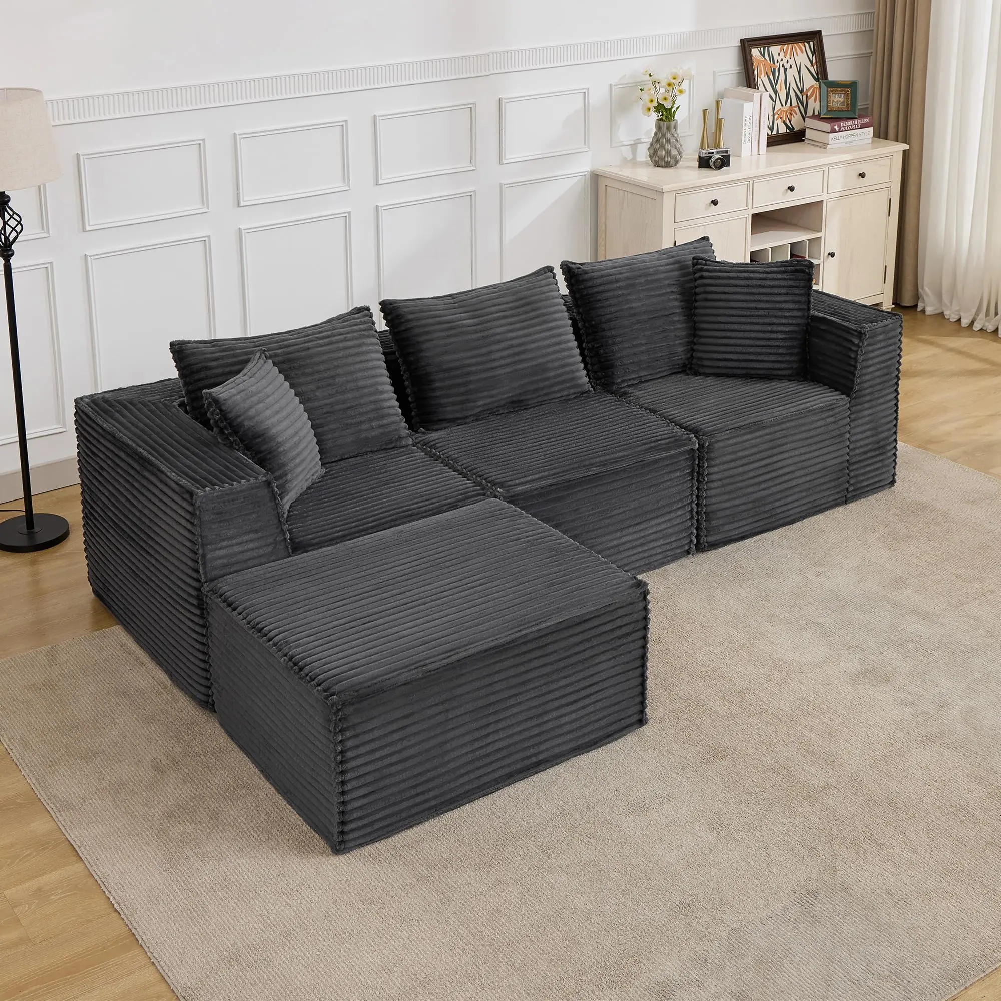 Garvee 107in Durable Foam Modular Sectional Sofa - Modern Cloud Deep-Seat L-Shape Boneless Couch with Chaise, 3-Seater + 1 Ottoman, Fully Assembled Hassle-Free, for Various Room Types (Grey)