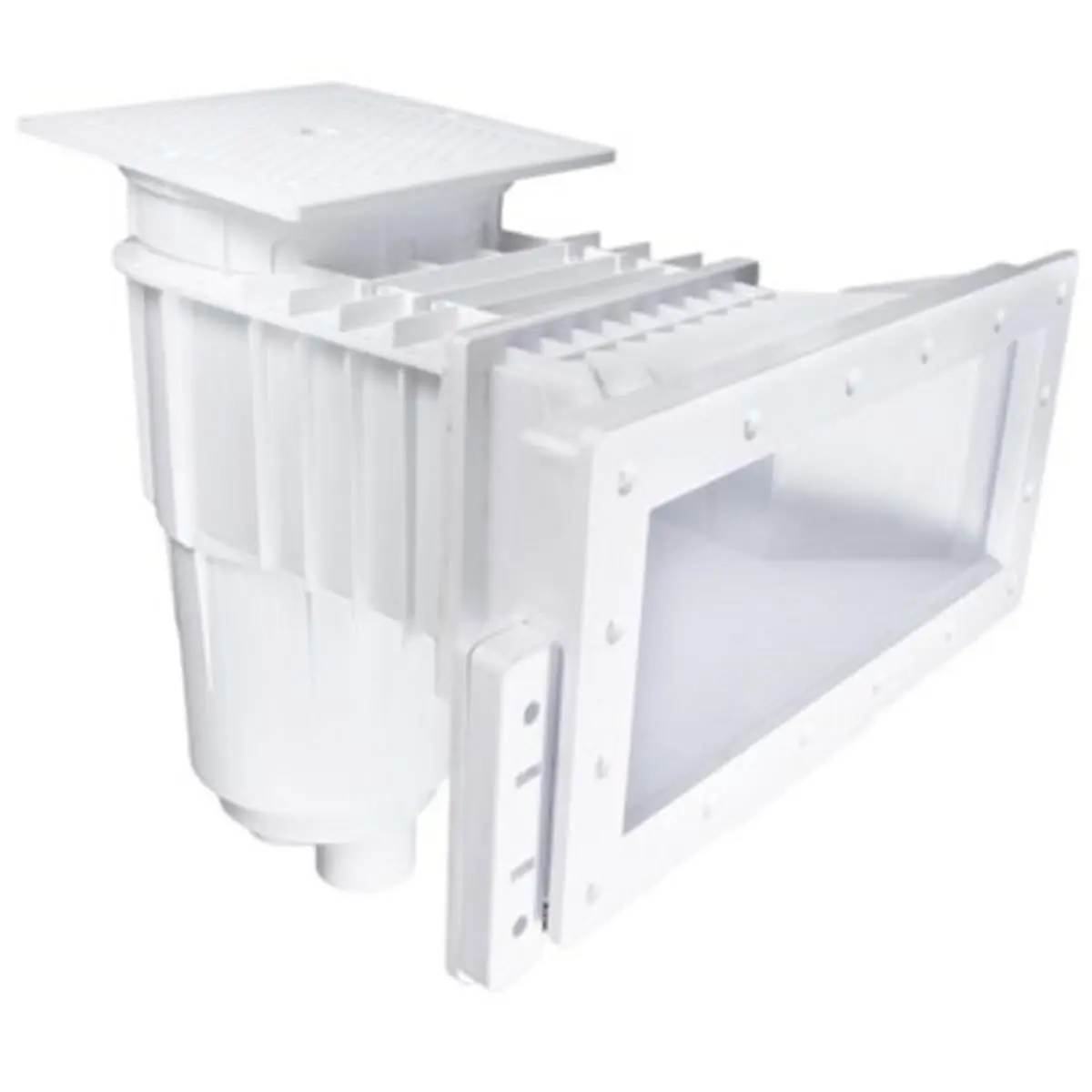 212 MAIN Inground Pool Skimmer Kit, White Widemouth Square Custom Molded CMP Vinyl Fiberglass with Gasket, Screws, Plug, 2" Socket, 2.5" Spigot, Diverter Plate, Mounting Plate, Face: 8 5/8" H x 18 1/4" W, Aquatic Fitness Use