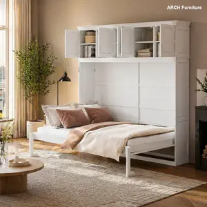 Fold-Away Queen Size Murphy Wall Bed with Top Cabinets, White, Space-Saving Bedroom Decor for Apartment Stuff (Old SKU: LP006665AAK)