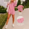 Fisoew Womens 2 Piece Basic Collared Matching Set Oversized Long Sleeve Button Down Top Attachable Safety Shorts Casual Beach Cover-Up Vacation Outfits SohoChic