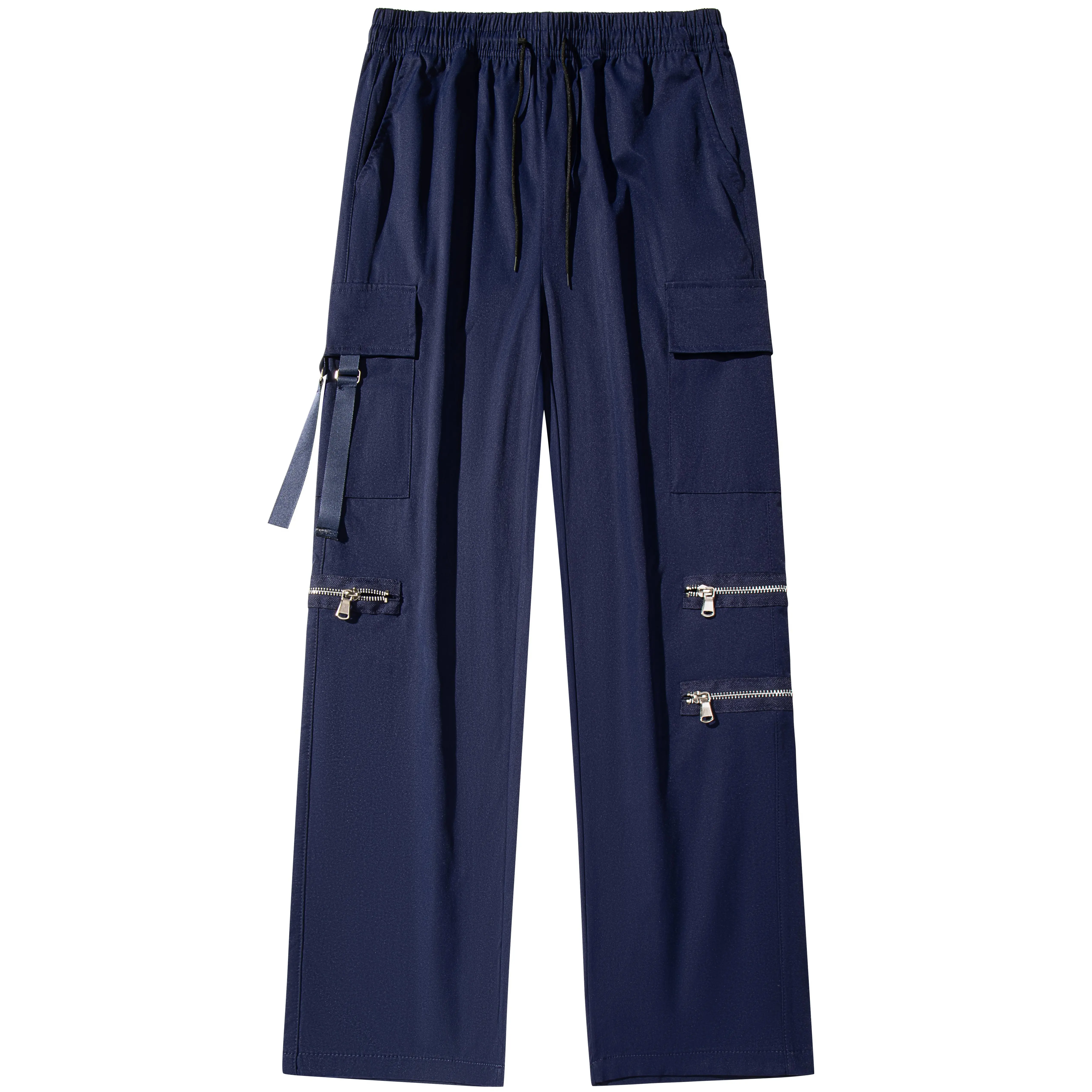 Men’s cargo pants with strap detailing, zipper closure, elastic waistband with drawstring, wide legs, streetwear style, multi-pocket casual trousers