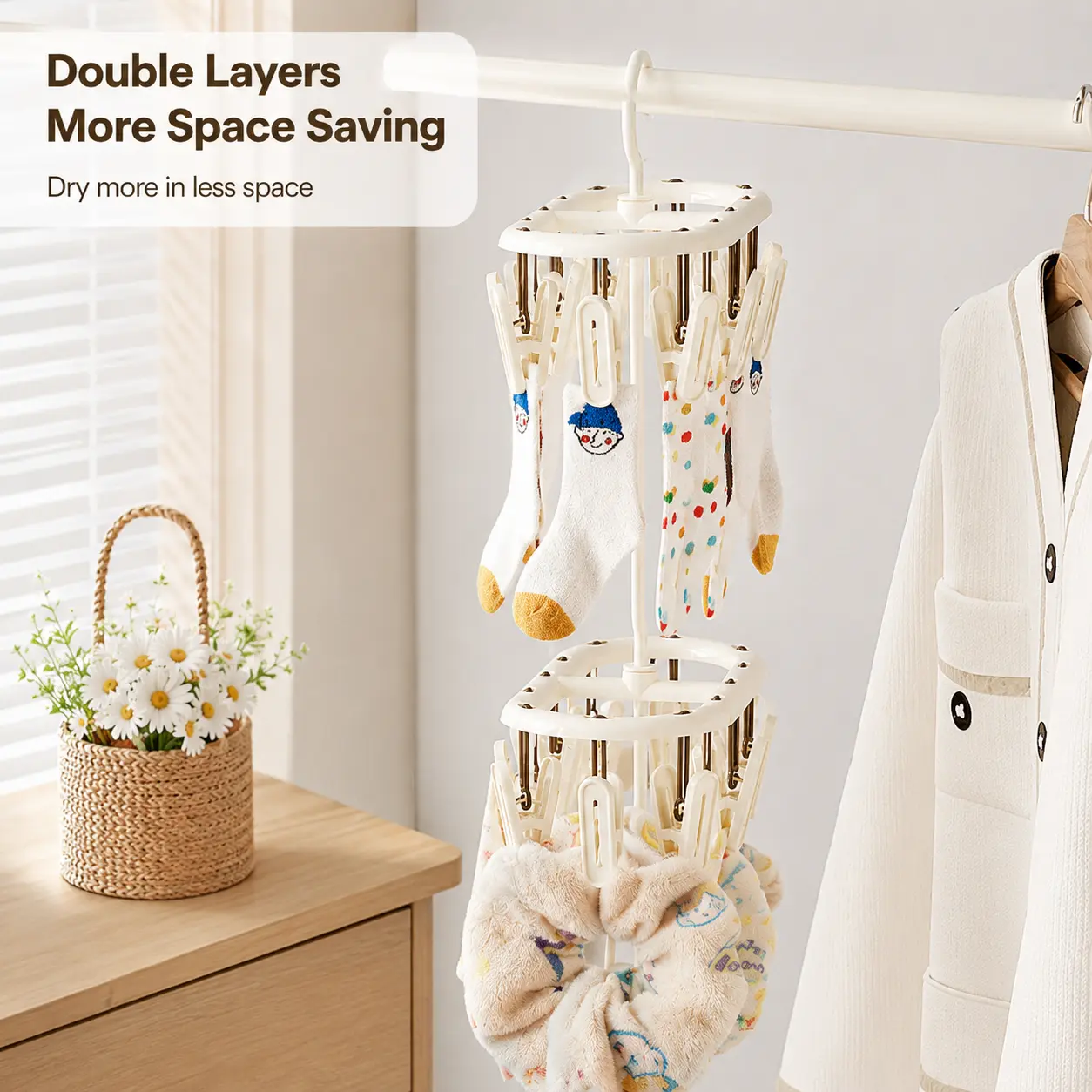 1-Count Multi-Clip Laundry Hanger, 360-Degree Rotatable Hook, Stackable Smooth Design, Hanging Organiser for Household Small Garments and Socks