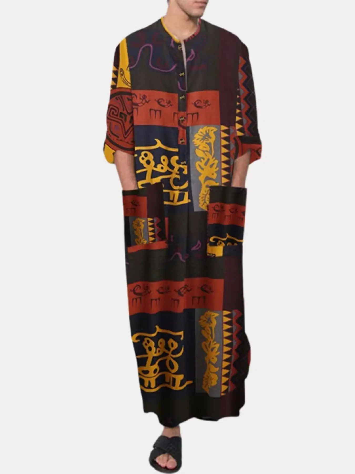 Men's Casual Elephant Print Long Sleeve Robe Jubba Jubbah, Southeast Asia Style, Modesty, Ethnic Pattern, New Arrival, Dubai Clothing, Clothes, For Men