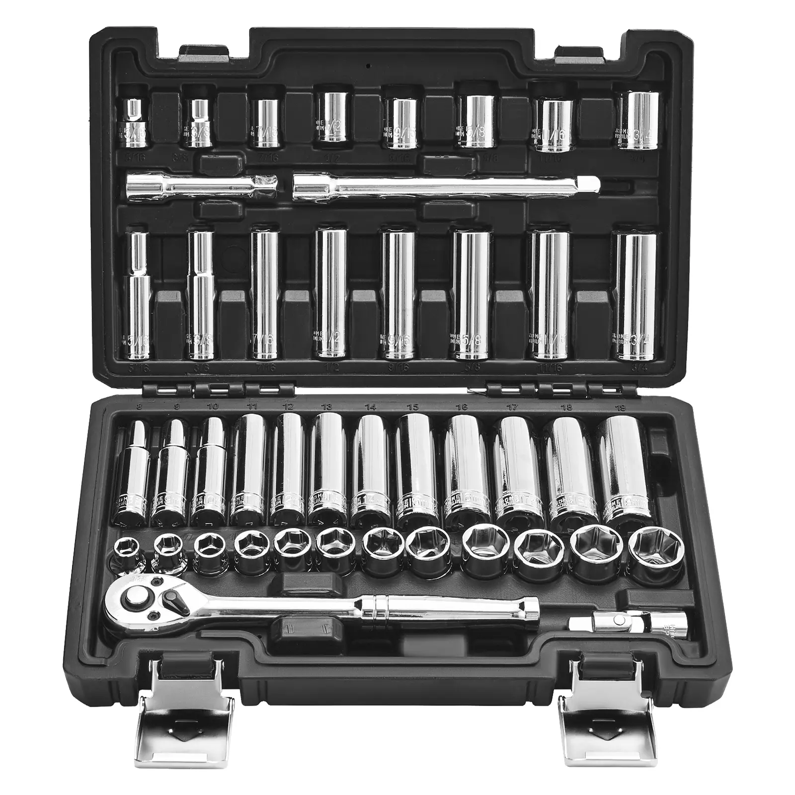 VEVOR 44-Piece 3/8 in Drive Ratchet & Socket Set, Chrome-Plated CR-V Steel Car Tools with High Torque Design, SAE/Metric Deep/Shallow Sockets, Easy-to-Read Sizes, Plumbing Accessories & Storage Case for Automotive Repair | Father's Day Gift