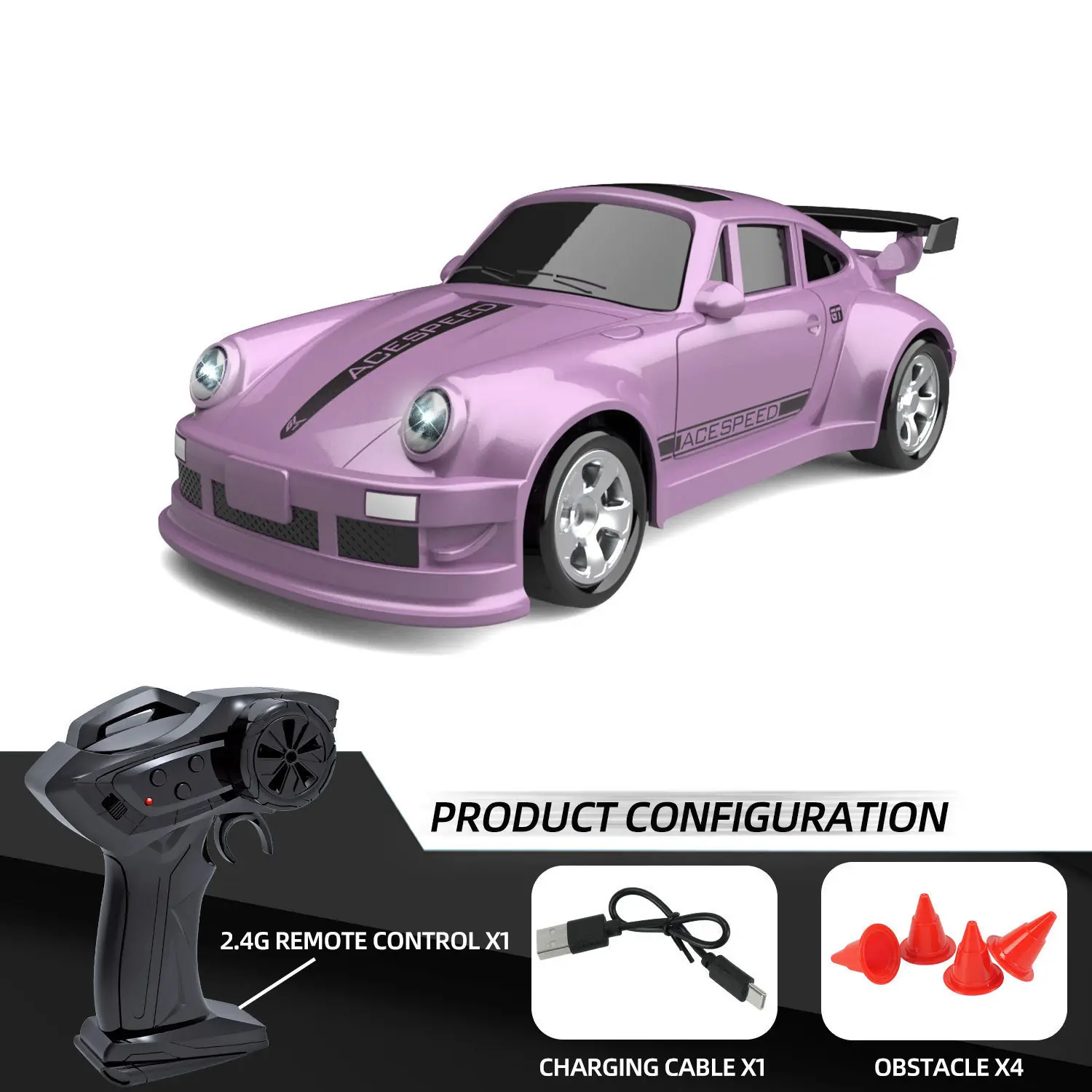 rc Car - Four wheel drive remote control car with cool LED lights, 1:64 high-speed full proportional remote control sports car, the perfect Christmas gift