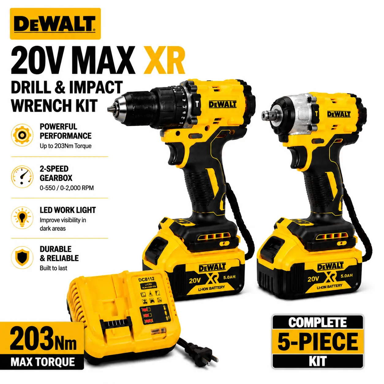 DEWALT Cordless Drill & Impact Wrench Combo Kit, Drilling Fastening & Bolt Removal, Durable Metal Gears & Reinforced Housing, Powerful Cordless Power Tool Set, Auto Repair, Garage, Workshop, DIY & Home Improvement Projects