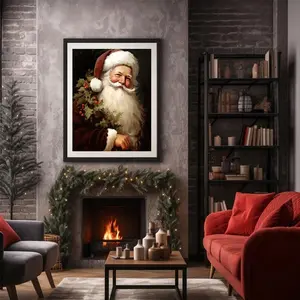 Santa Holding Bouquet Wall Art Canvas, Framed Christmas Decor Poster, Party Decoration, Living Room Art, No Model, Ca Prop 65 Compliant