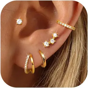 YADOCA 925 Sterling Silver Earrings for Women Trendy Hypoallergenic Small Gold Hoop Earrings 14K Plated Gold Stud Earring Sets for Multiple Piercing CZ Ear Cuff Cartilage Earring Stacks