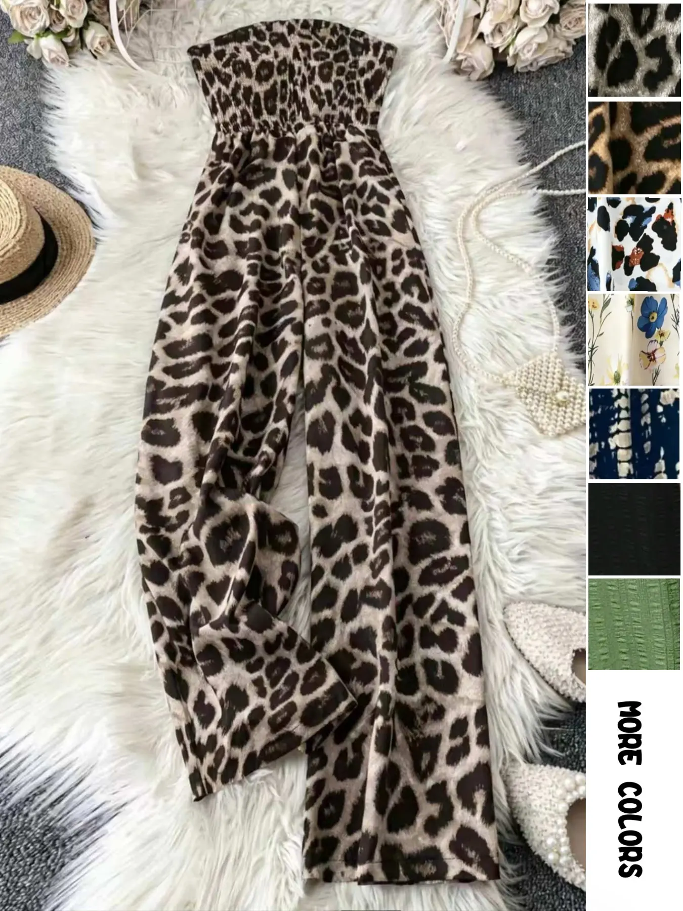 Women's Leopard Print Shirred High Waist Wide Leg Jumpsuit, Party Jumpsuit, Casual Sleeveless Tube Jumpsuit for Vacation Holiday, Ladies Clothes for All Seasons