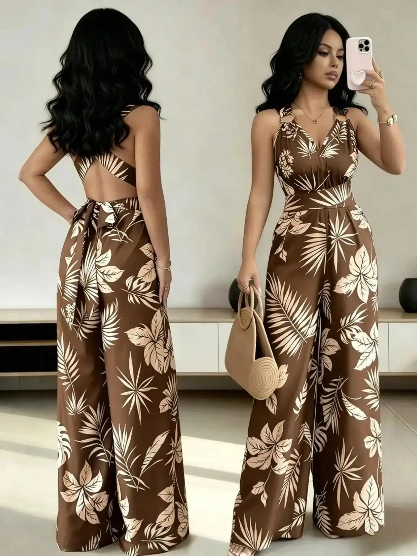 Boho Vacation Style Plant Print Romper, Deep V Neck Cross Back Butterfly Knot High Waist Wide Leg Pants, Beach Music Festival Travel