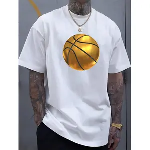 Golden Basketball Printed T-Shirt - Men'S Round Neck Short Sleeved Shirt, Casual All Season Knitted Fabric, Slightly Elastic, Breathable And Suitable for Adult Multifunctional Design