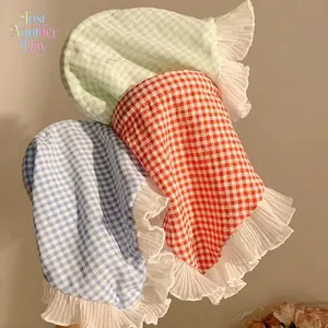 Women’s Cute Pastoral Lace Trim Headscarf, Gingham & Floral Print Triangle Head Kerchief with Integrated Headband, Summer Boho Style Hair Accessory for Daily Wear & Photography
