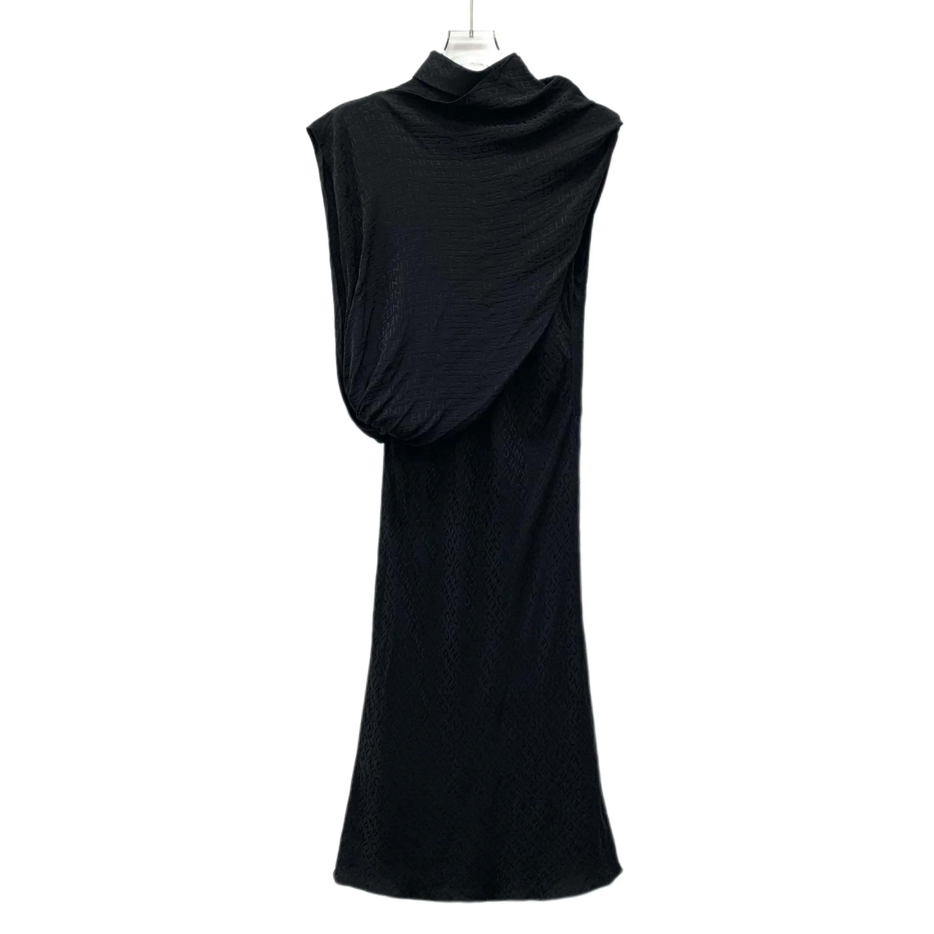 RDLT— Celine Black Logo Jacquard Silk Asymmetric Dress Size S