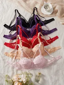 Women's Sexy Lace Underwire Bralette Bra Set, Lingerie, 5-Piece Wireless Push-Up Bras, Comfortable, Fitted & Breathable, Perfect for Daily Wear