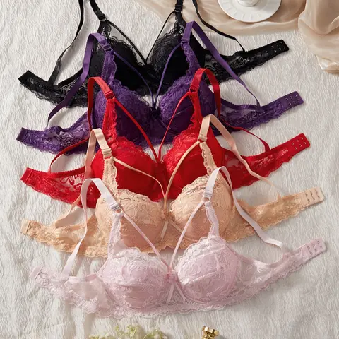 Women's Sexy Cute Lace Floral Underwire Bra Set, Lingerie, Underwear, 5-Piece Push-Up Bras, Comfortable, Fitted & Breathable, Perfect for Daily Wear, Supportive Bralette