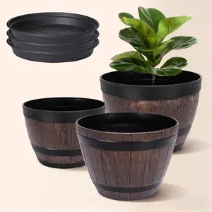 VECELO 3 Pack Plastic Flower Pots with Drainage Holes and Trays 9/11/12 inch Size Plant Pots Plastic Decoration Flower Pots Imitation Wine Barrel Design for Indoor & Outdoor Garden Home Yard