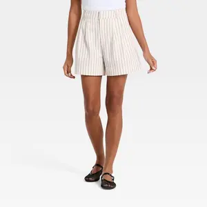 Women's Linen Pleated Shorts - A New Day Cream Striped 12