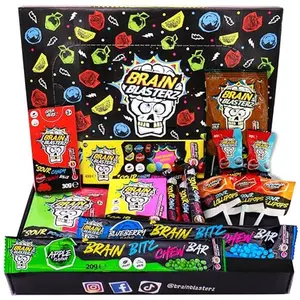 Brain Blasterz TREAT Sour Candy Variety Pack, Vegan Candy, Sour Chew Bar, Halal Candy, Sour Candy Gift Box w/ 15 pcs (13oz), Unique Candy Variety Pack, Lollipop, Sour Powder, Taffy, Halloween Candy