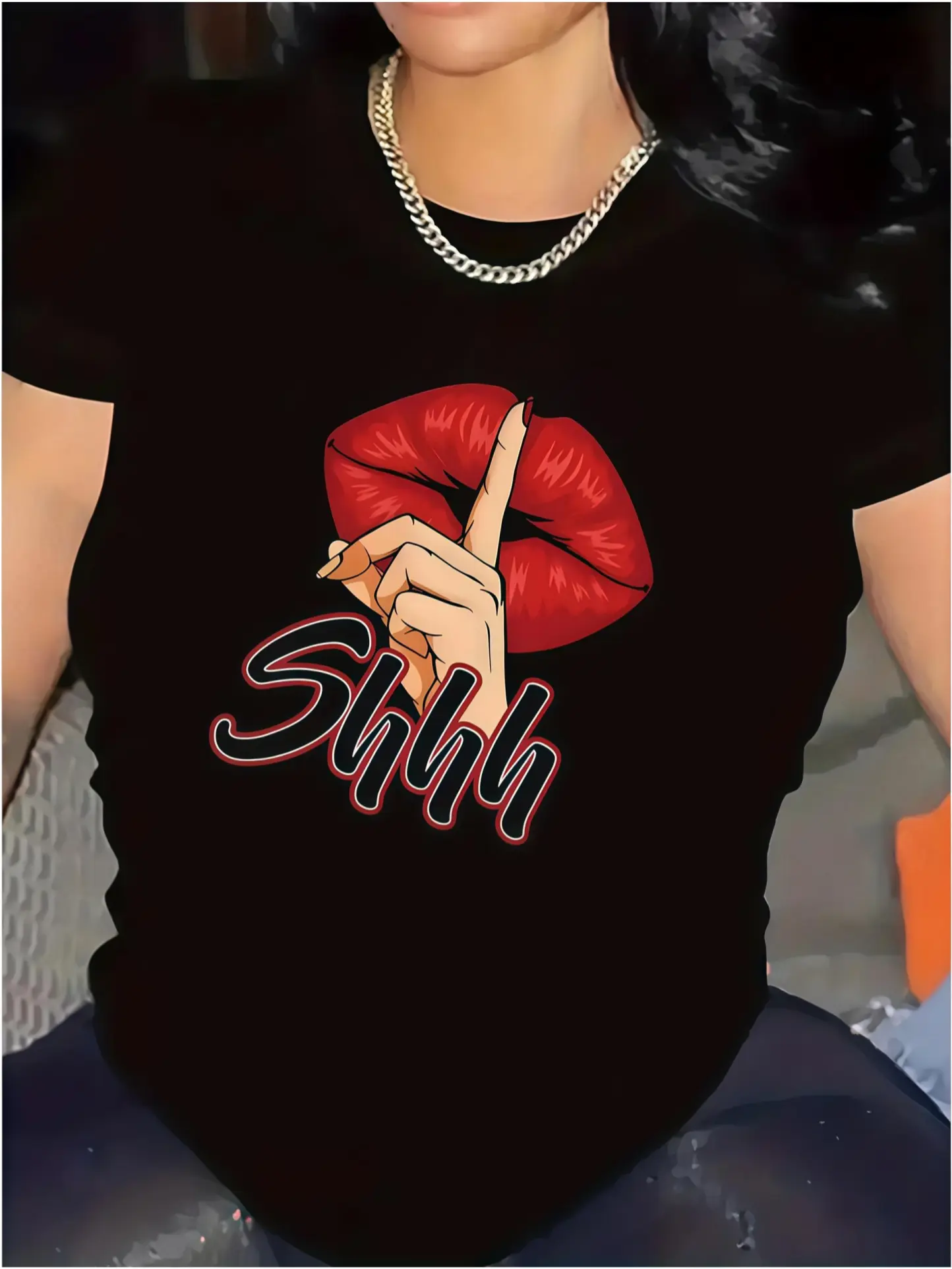 Edgy Red Lips "Shhh" Graphic Tee Chic sexy aesthetic Radical summer casual OOTD RedLips Casual Cotton Menswear Crew Neck Print T-Shirt Top Womenswear Streetwear Tshirt