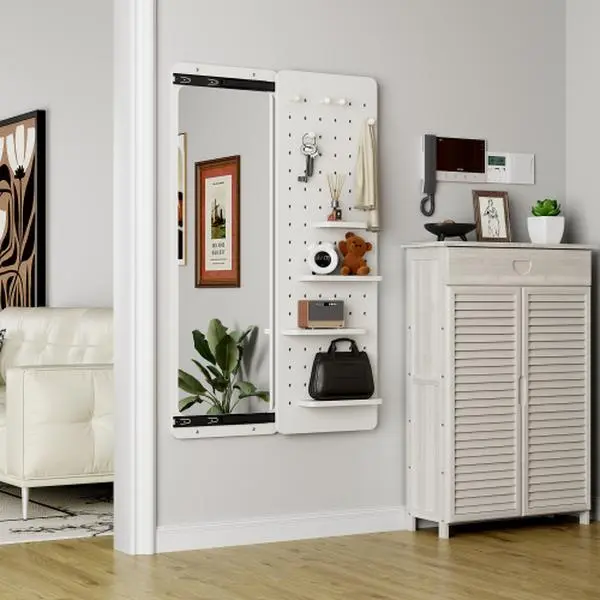 Wall-Mounted Full-Length Mirror with Shelves – 47.6" x 15.7" Push-Pull Sliding Panel Design, Space-Saving, Rubber Wood Frame, Multi-Functional for Bedroom Living Room Entryway