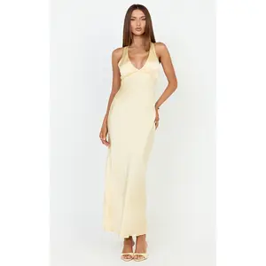 Khalani Maxi Dress - Deep V Neck Satin Slip Dress in Butter Yellow