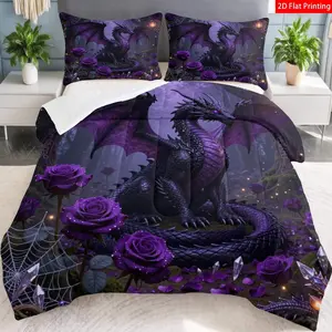 Gothic Dreamy Bedding Set, Dragon & Rose Pattern, Spider Web Design, Includes Quilt and Pillowcases, Perfect for Bedroom Decor