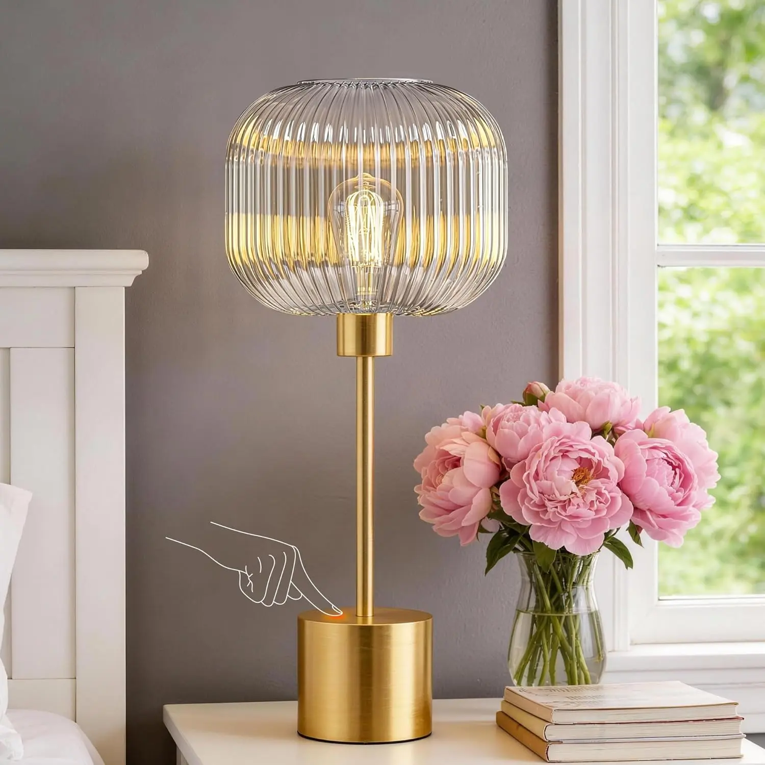 Glass Table Lamp for Living Room, Modern Bedside Lamp with Clear Ribbed Glass Shade, 3-Way Dimmable Touch Control Nightstand Lamp for Bedroom, Brushed Gold (2700K LED Bulb Included)