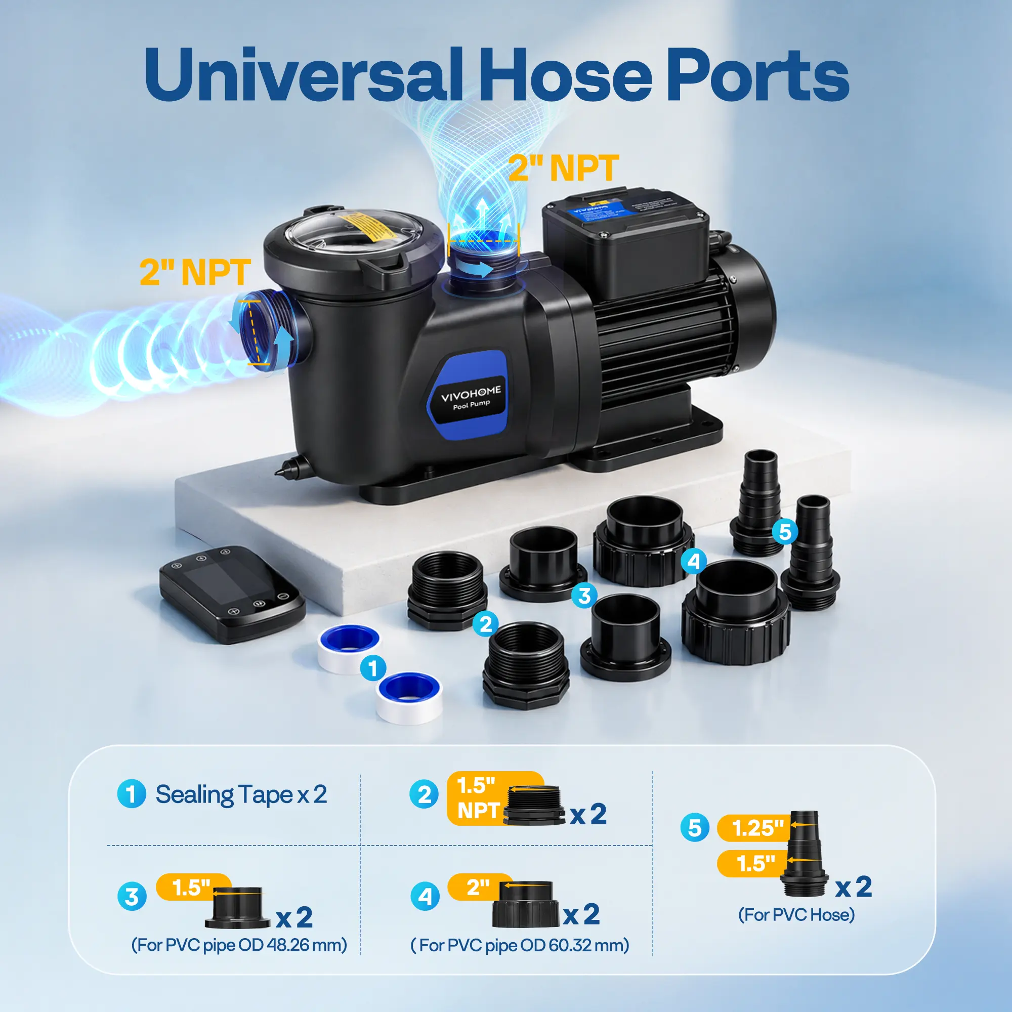 VIVOHOME 1.5HP Pool Pump Dual Speed with Wireless Remote Control 115V | Fast Self-Primming Motor, 4 Program Segment, for in/Above Ground Pools, Manual Timer, Compatible with Saltwater Pools