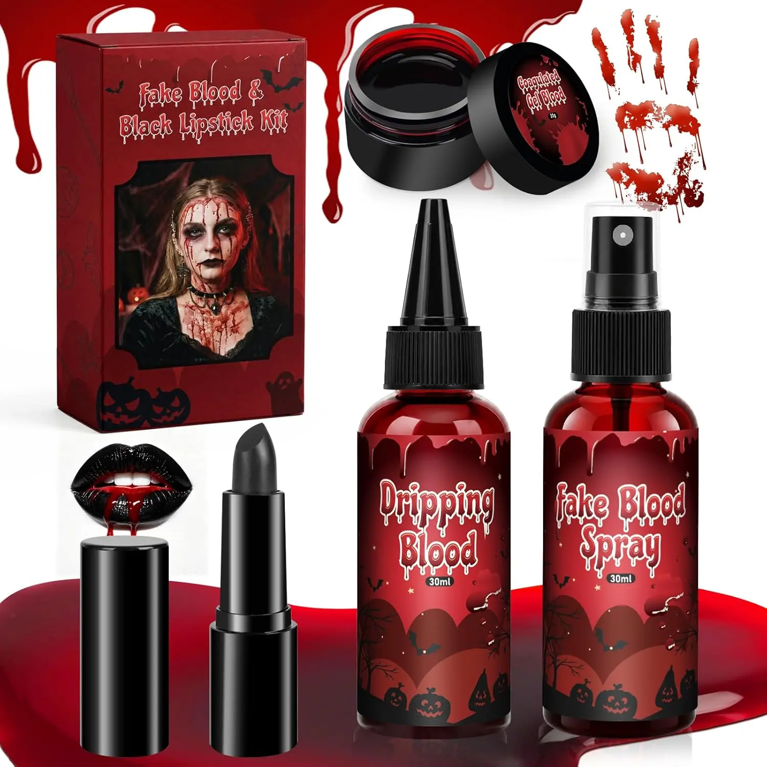 Cosmetic Fake Blood Makeup Kit (4PCS) - Washable Realistic Fake Blood (3 Types), Black Lipstick, SFX Body Makeup Accessories for Vampire Cosplay