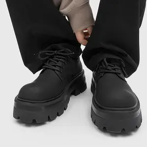 Men’s Chunky Leather Dress Shoes Height Increasing Round Toe Business Casual Black Shoes