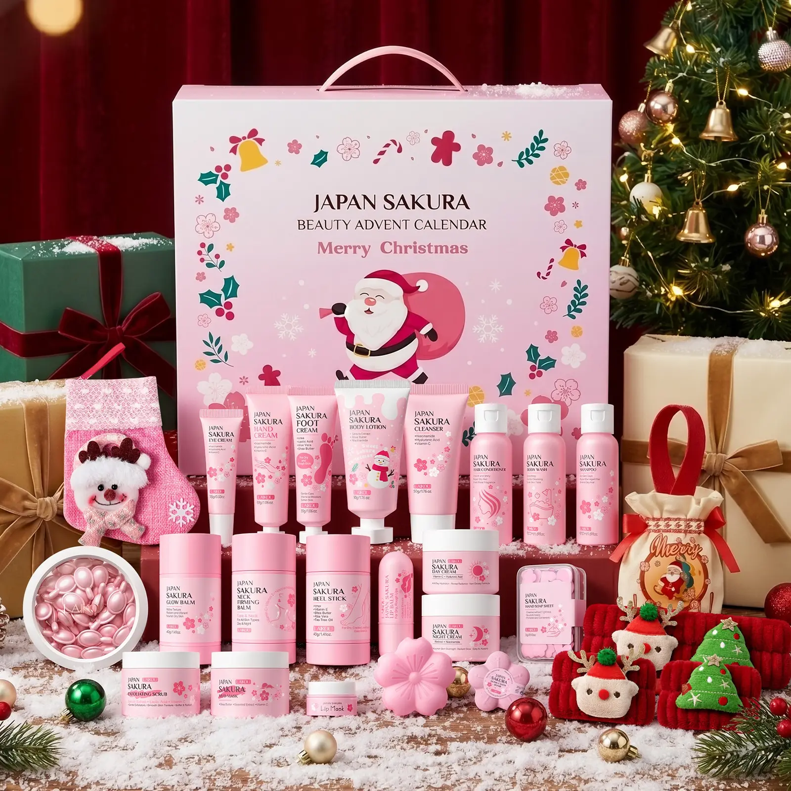 24 Days Beauty Advent Calendar for Teens 8-15, Bath and Body Advent Calendar Gift Set with Sakura Skincare Facial Care Hair Products and Festive Accessories, Christmas Holiday Countdown Pampering Surprise Gift Box for Adults Teens