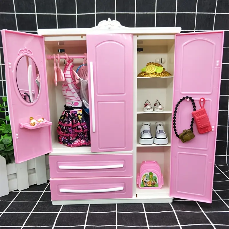 Pink Cute Mini Wardrobe, Compact Closet Organization, Closet with 2 Drawers & Hanging Rod, Storage Unit - Dollhouse Storage Organizer for Toys, Accessories & Small Items, Furniture, Decorative Storage, Durable Plastic, Doll Collectors, Bedroom