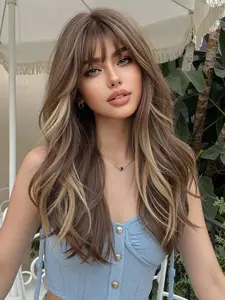 Light Brown Highlighted Loose Wave Wig with Fringe | Heat Resistant Fiber Synthetic Wavy Curly Synthetic Wigs Synthetic Wavy Hair Synthetic Material Wigs