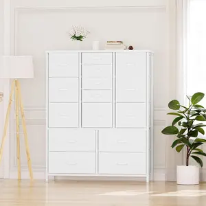 15 Drawers Dressers, Chest of Drawers with Wood Tabletop, Metal Frame, Storage Organizer Unit with Fabric, Tall Dressers for Bedroom Living Room Hallway Entryway, White