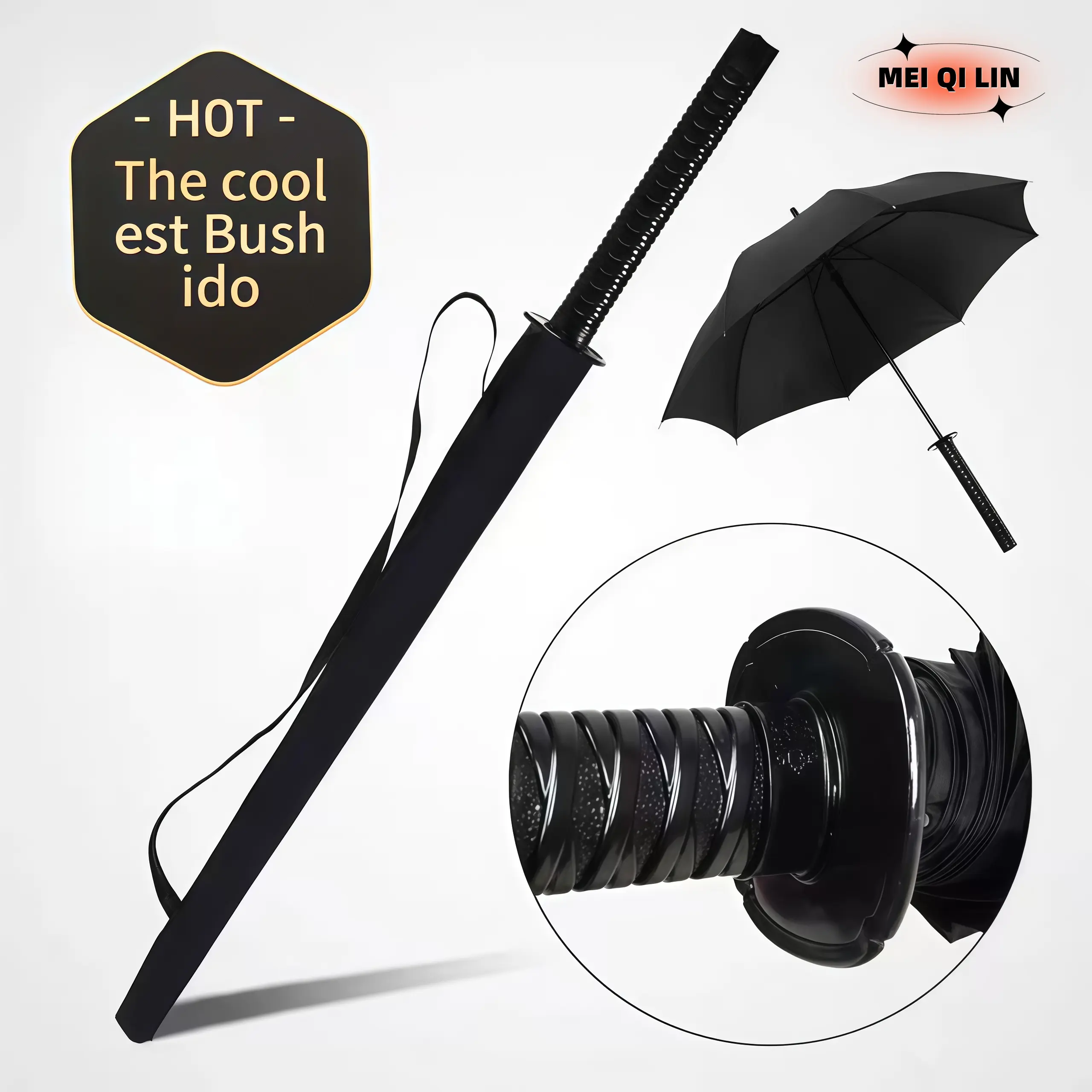 MEI QI LIN Samurai Katana Sword Automatic Umbrella, Cool Blade Handle Design, Reinforced 16 Ribs Windproof Anti-UV Umbrella, High Quality Foldable Black & Blue Parasol For Men Business Travel Birthday Gift