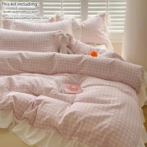 Pink Gingham Pattern Bedding Decorative Duvet Cover Sets, 3 Counts/set Including 1 Count Duvet Cover & 2 Counts Pillowcase without Filler, Soft Comfortable Bedding Set for Home Bedroom