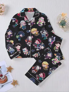 Ghost Slayer Theme Q Version Character Printed Kids Long Sleeve Cartoon Print Pajama Set, Autumn Winter New Fire Retardant Button Front Shirt & Loose Pants