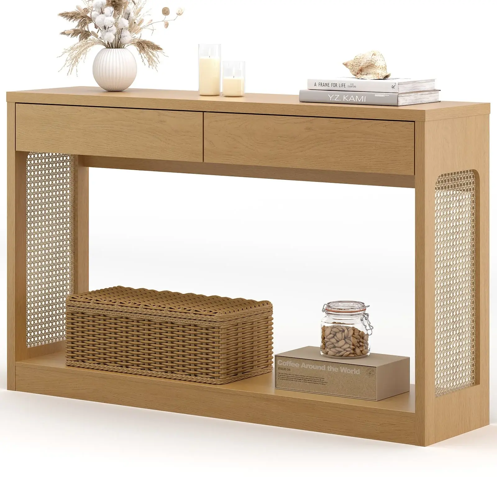 Sikaic Rattan Accent Narrow Console Table - Natural Oak, 2 Dual Drawers, Tables with Storage, Fits Narrow Spaces, Rattan Accents