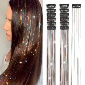 Hair Tinsel 12Pcs Clip in Hair Accessories 20.5 Inch Fairy Hair Tinsel Kit for Women Girls Glitter Extensions for Christmas Halloween New Year Party