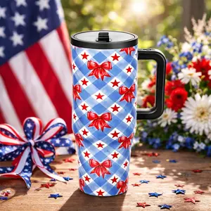 1 Pc 40oz insulated mug, Insulated Travel Drinkware, Leakproof Insulated Tumbler, USA star bow design vacuum cup, double wall leak proof thermal mug, keeps hot 12 hours cold 24 hours, large handle travel tumbler for coffee water, 4th of July gift