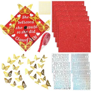 37 count DIY Graduation Cap Decorations Kit, Glitter Papers,  Butterfly Self Adhesive Rhinestones Stickers Alphabet Letter Stickers for 2026 Grad Hat Decor Party Supplies(Red)