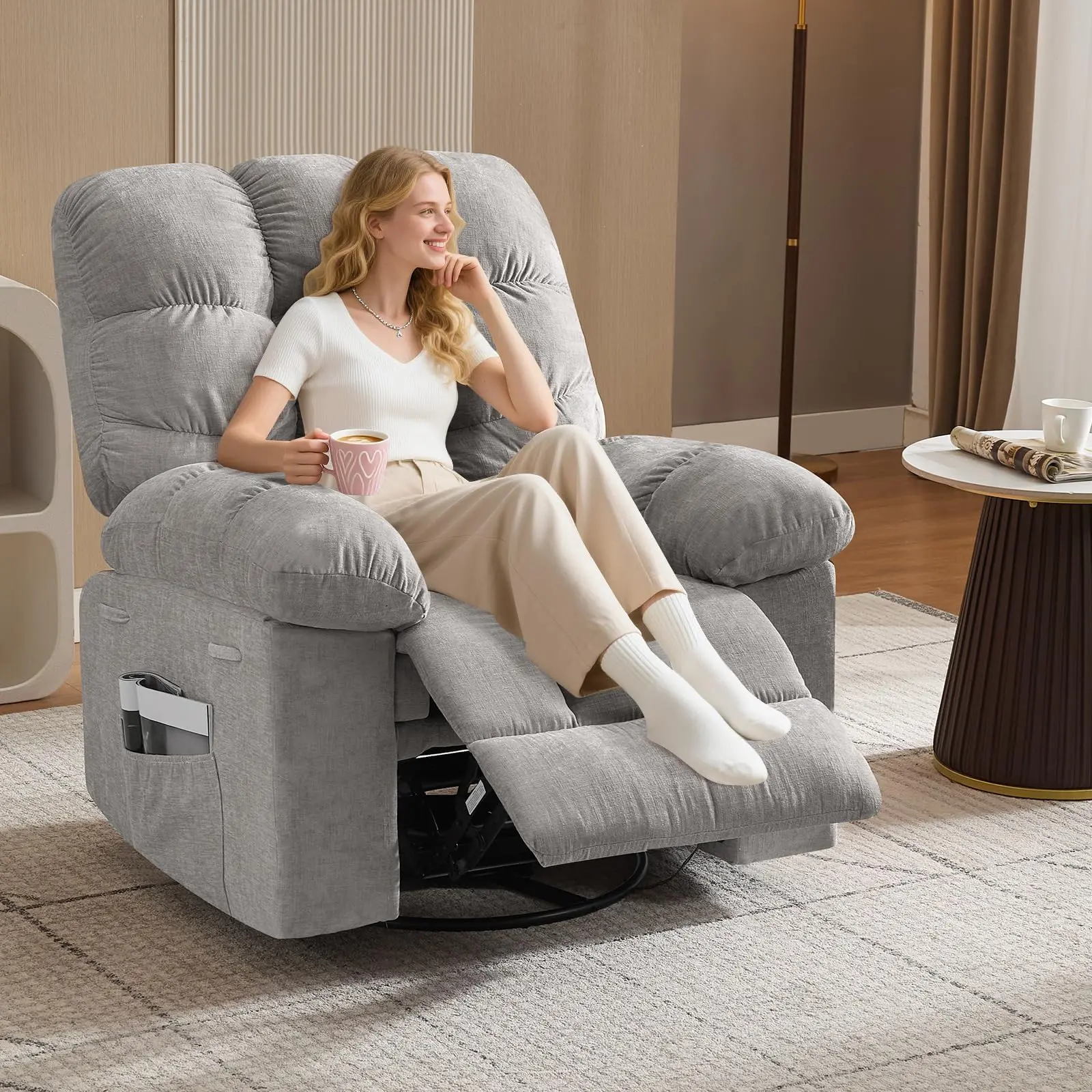 Oversized Modern Ergonomic Grey Wood-Iron Rocking Reclining Chair - 360° Swivel, Heated 8 Vibration Massage Points, Footrest, Side Pockets, High-Resilience Sturdy Base, Quick Assembly, Indoor-Outdoor Living Room Single Sofa (Swivel Chairs for Relaxation),