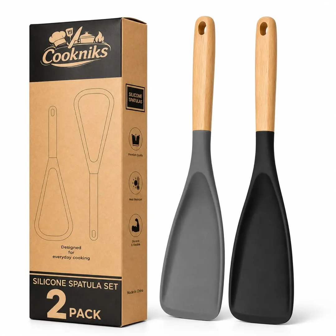 2-pack Silicone Spoon Spatula Set, Non-Stick Turner Spatulas with Wooden Handle, Heat Resistant Kitchen Utensils, BPA-Free Cooking Tools for Nonstick Cookware