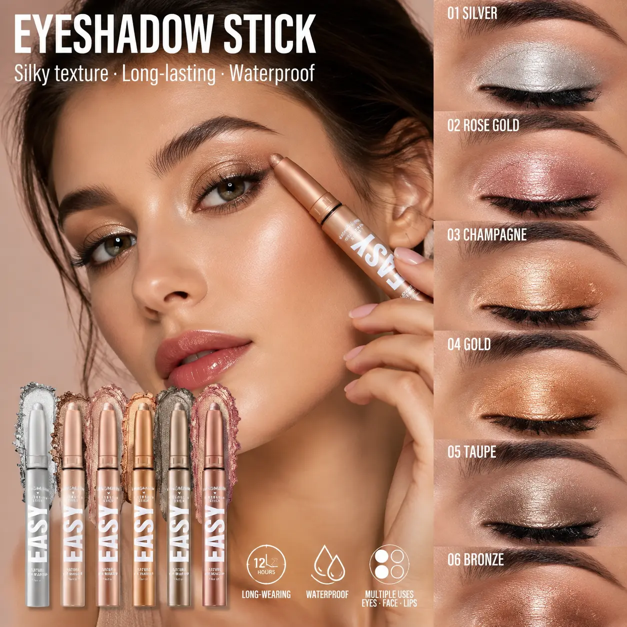 Women's 6-Piece Waterproof Eyeshadow Stick Set, Creamy Long-Lasting Cosmetic Eye Makeup Kit with 8 Natural & Shimmer Shades, Blendable Contour Stick for Evening Looks, Flawless Finish, Ideal Gift, Smooth Shimmer Pigment Palette Daily