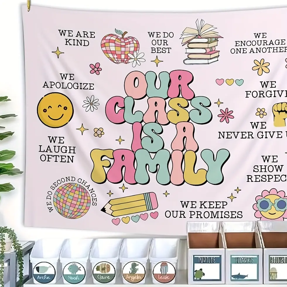 Large Classroom Banner - Classroom is a Family Tapestry, Pastel Colors with Positive Behaviors (Kindness, Apologies, Forgiveness) - Teacher Appreciation, Back to School Decor - No Power Needed, Easy Hang Classroom Home Decoration - Educational Wall Hangin