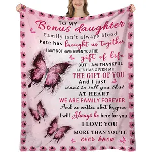 Butterfly Bonus Daughter Blanket, 60"x50" - Bonus Daughter Gifts - Step & Unbiological Daughters Gifts from Stepmom Stepdad - Gift for Birthday, Graduation, Mother Day, Christmas, Printed on One Side with a Plain White Back, Halloween Thanksgiving Christm