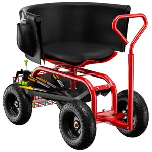 Garden Seat with Wheels, Rolling Garden Stool with Adjustable 360°Swivel Seat, Storage Basket & Extendable Handle, Outdoor Gardening Scooter, Garden Cart Workseat Stools for Seniors