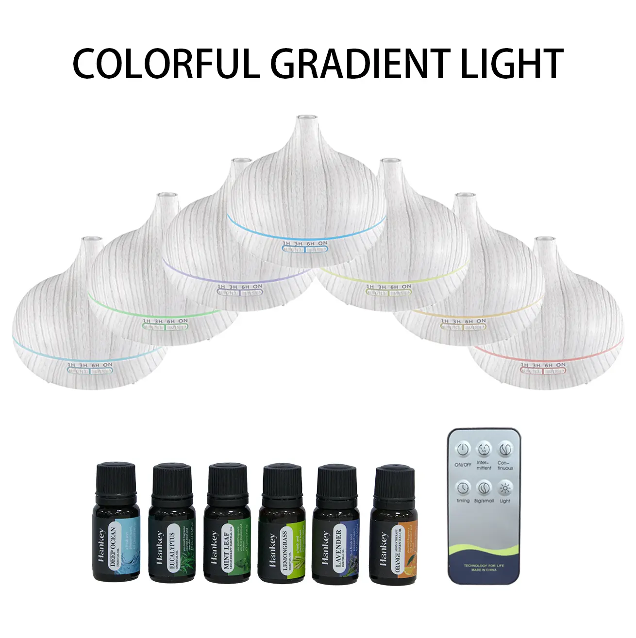 HONSUN 500ml USB-Powered Wood Grain Humidifier Diffuser - Ultra Quiet, Auto-Off Timer, Remote Operation, Custom Timer, Aromatherapy Machine with 6 Essential Oils for Bedroom, Home Office