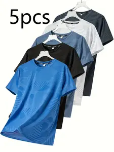 Pack of 5 short-sleeve tops in various colors; breathable, casual fit suitable for fitness and sports; designed for teenage boys/male students; crew neck with a geometric print; stretchy fabric; ideal for outdoor everyday wear.