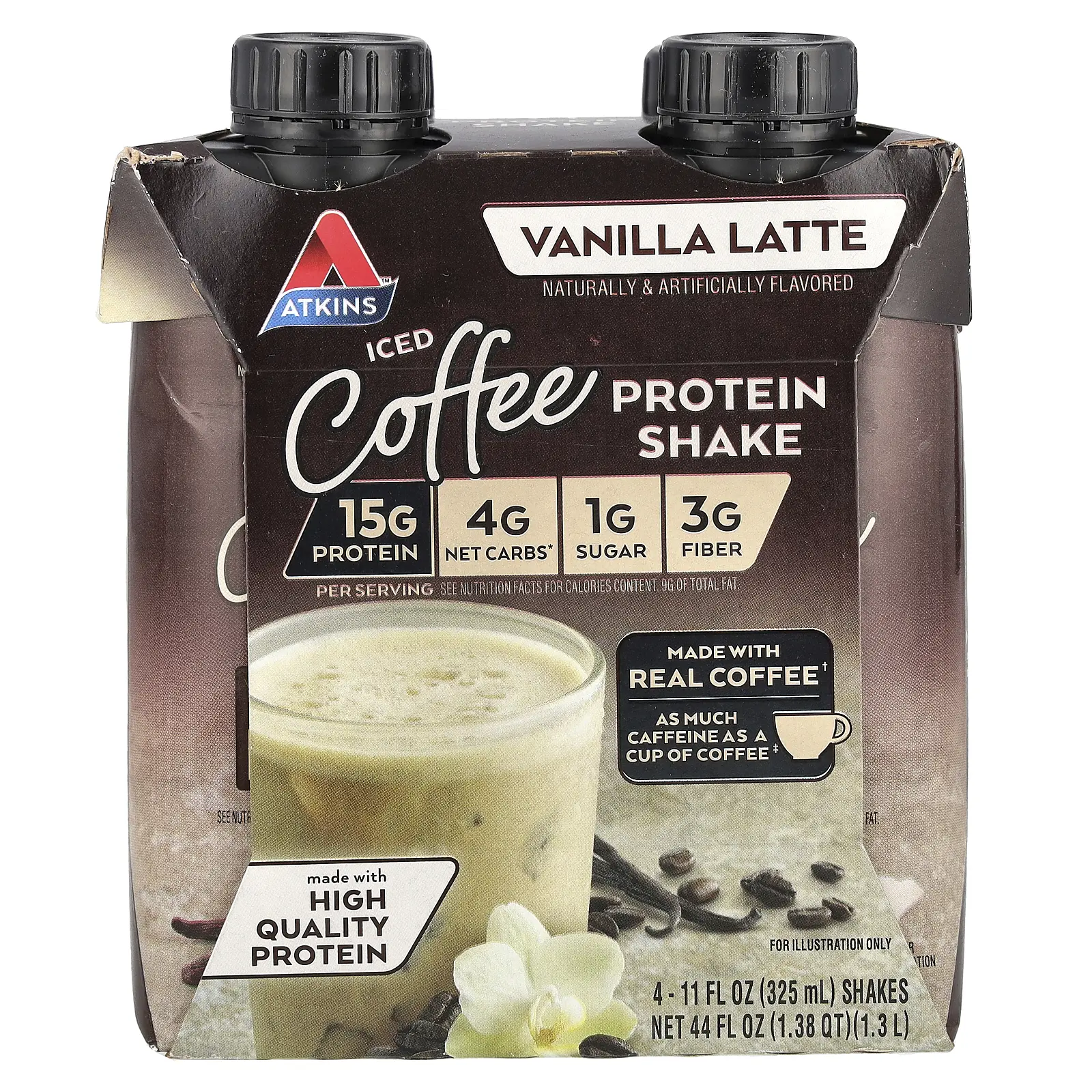 Atkins Iced Coffee Protein Shake, Vanilla Latte, 4 Shakes, 11 fl oz (325 ml) Each